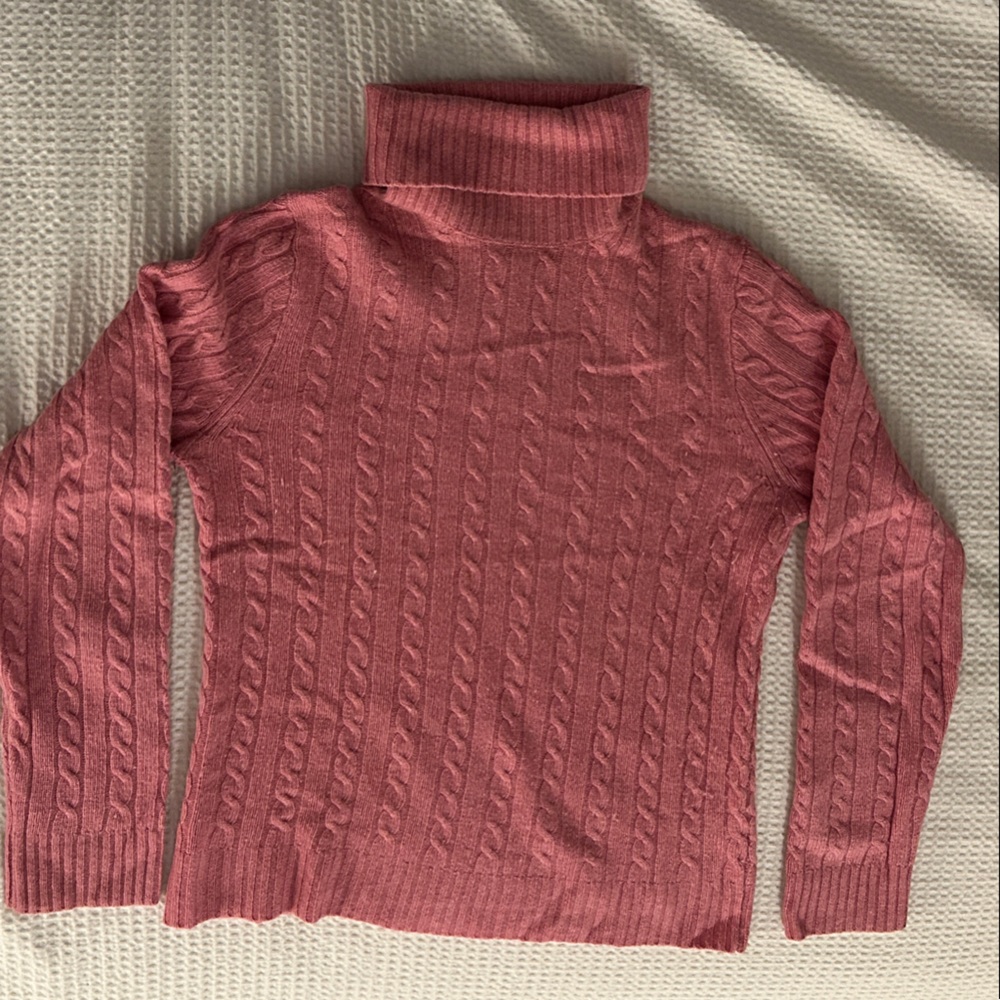 J. Crew Dusty Rose Cable Knit Turtleneck Sweater - merino wool blend